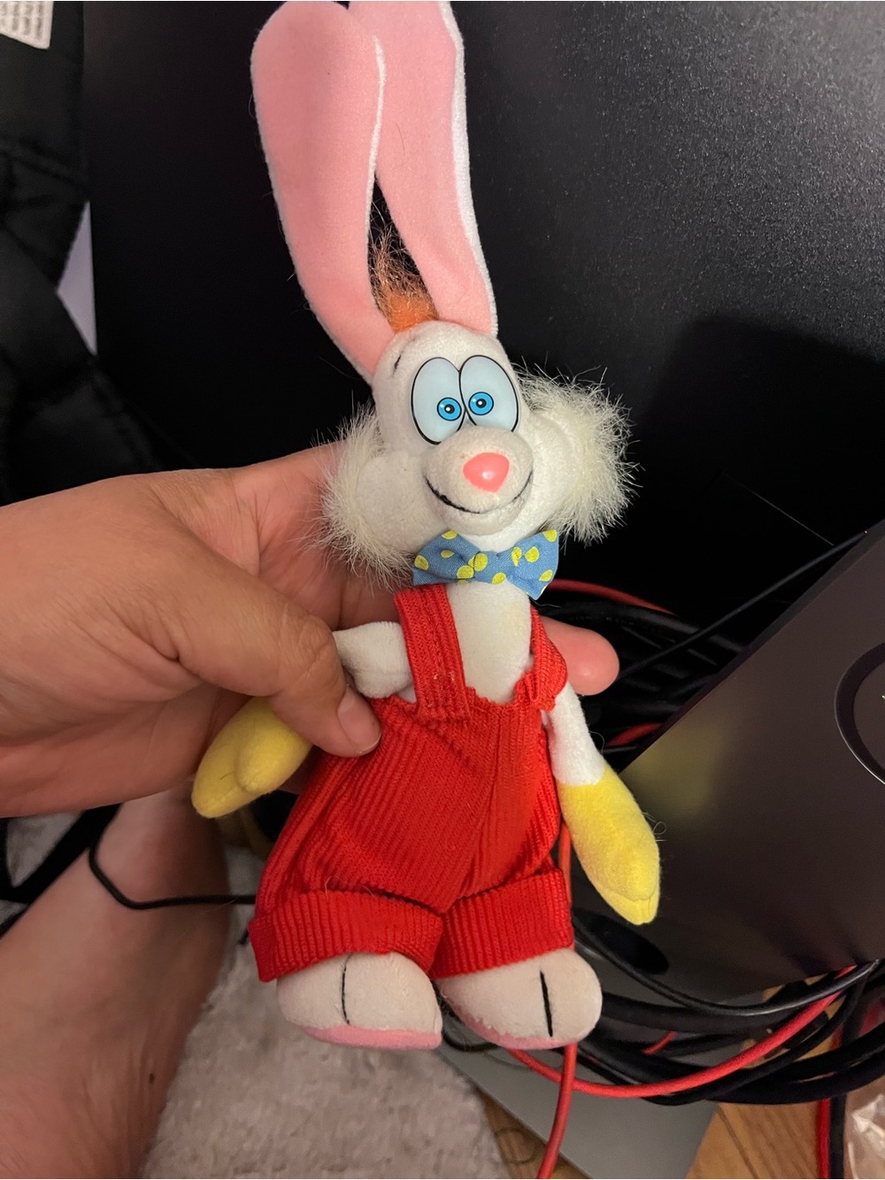Plush White Bunny with Red Overalls and Pink Ears